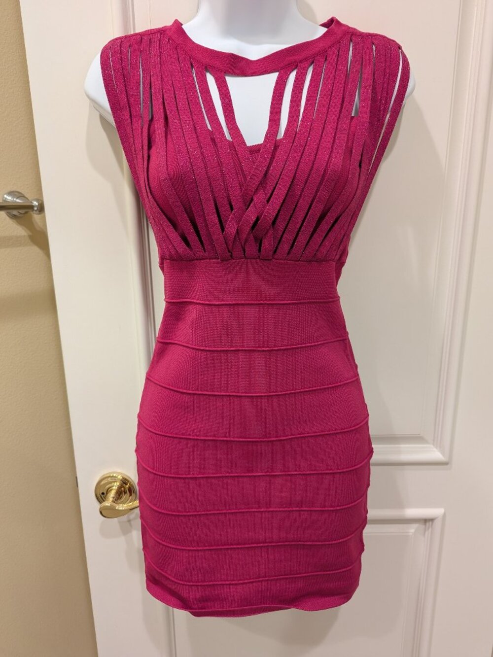 Pink Bodycon Bandage Mini Dress Size S Small Sleeveless Strappy Glitter
